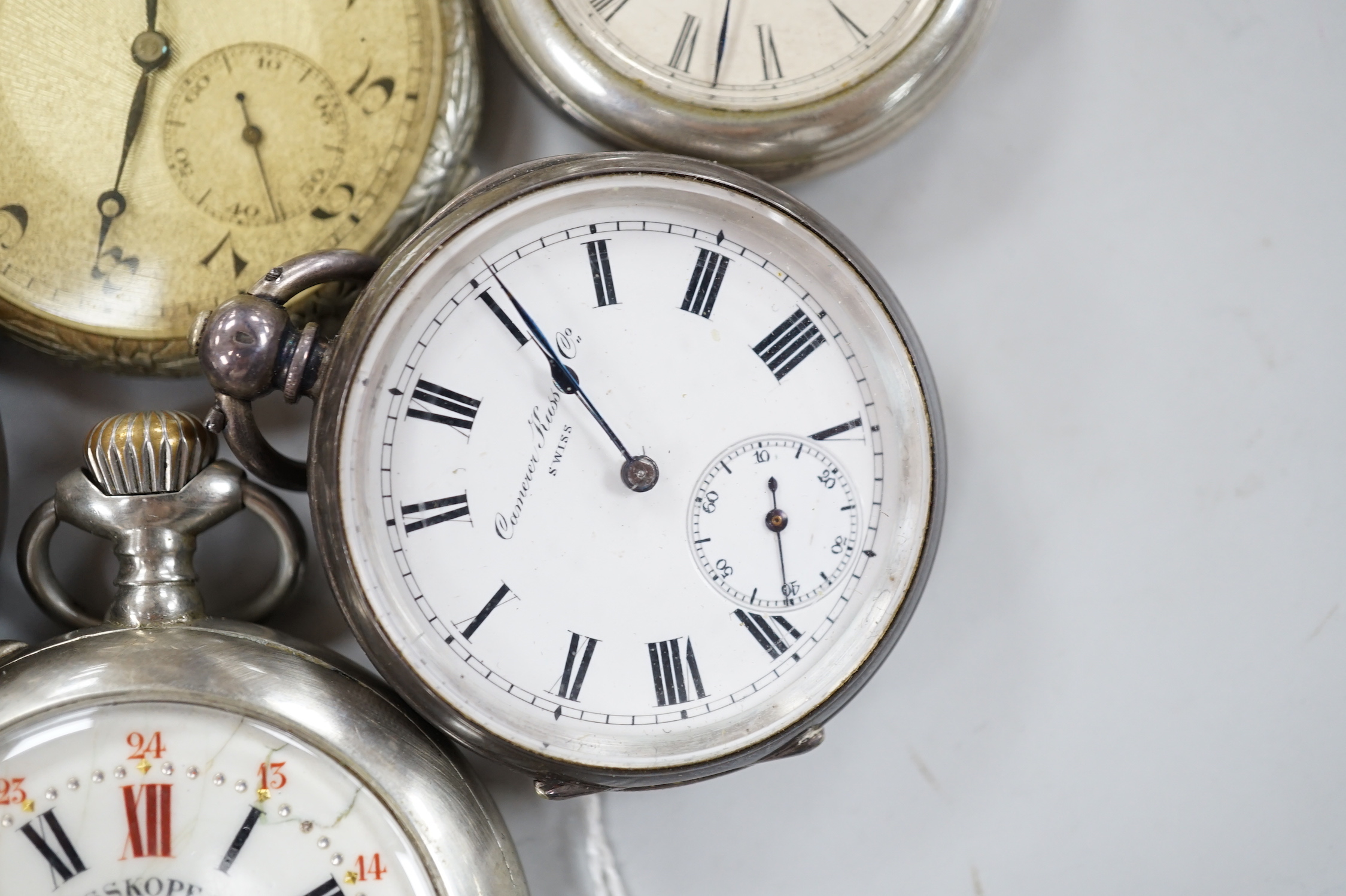 Ten assorted base metal pocket watches including two Goliath one by Bishop of Bournemouth.